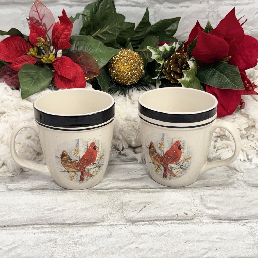 Folk Craft Stoneware Cardinal Mug Set by Scotty Z Winter Bird Coffee Tea Cup